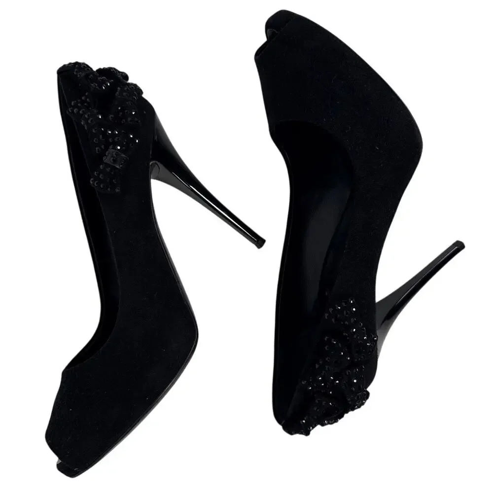 Giuseppe‎ Zanotti Black Suede Bow Embellished Peep Toe Stiletto Sandals 37 EU